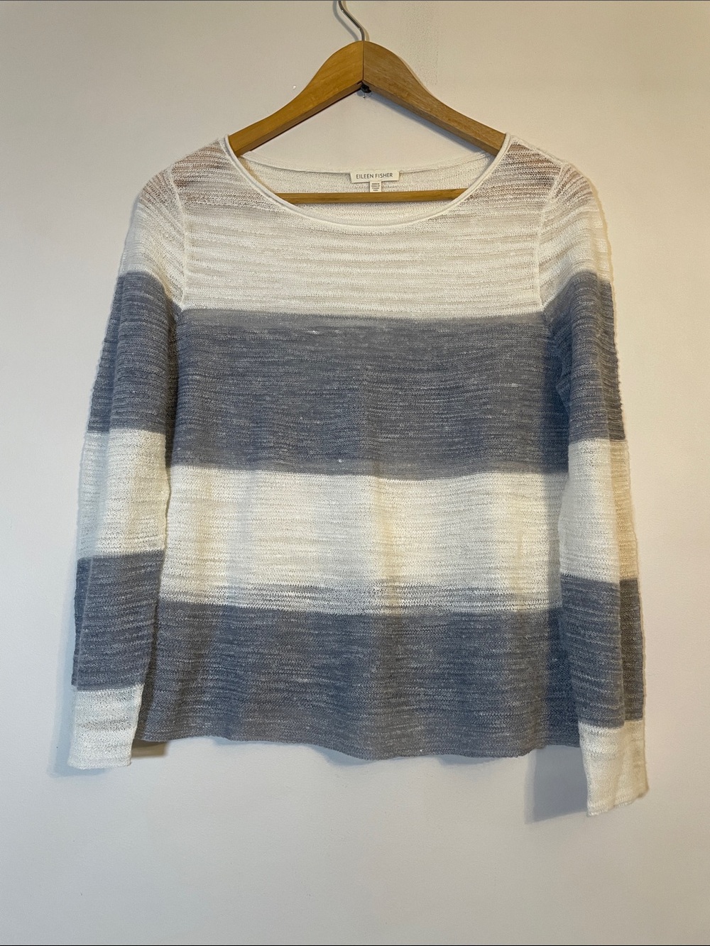 Eileen Fisher Linen Blend Striped Lightweight Sweater Gray Ivory Size S